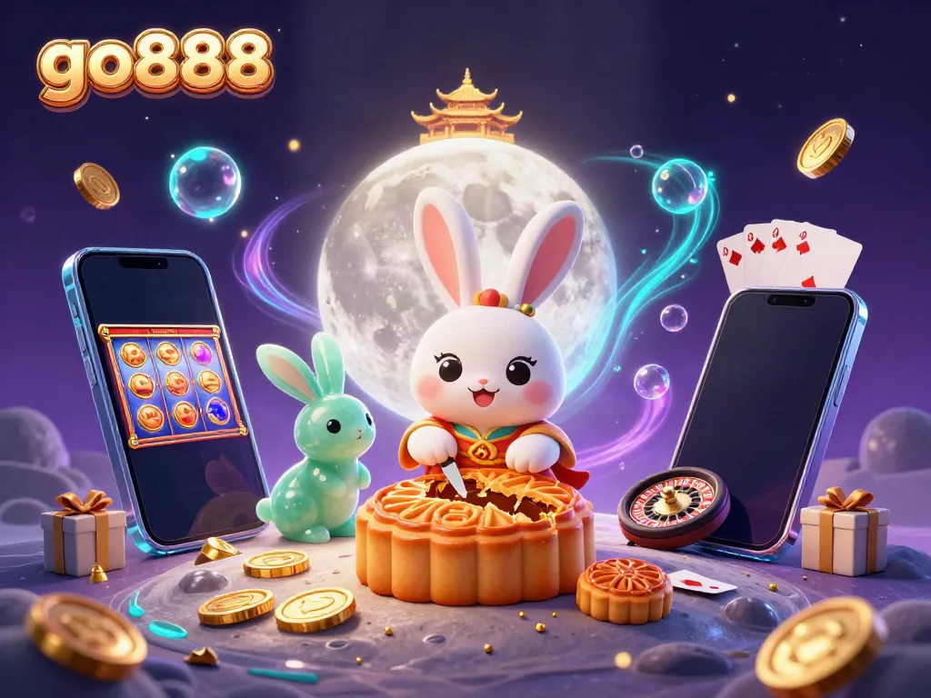 Engage with go888's exhilarating casino world featuring a moon rabbit and vibrant gaming elements.
