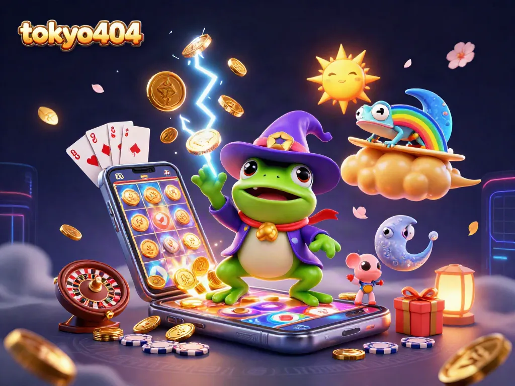 Experience tokyo404 gaming thrills with a wizard frog summoning coins in a dynamic casino scene.