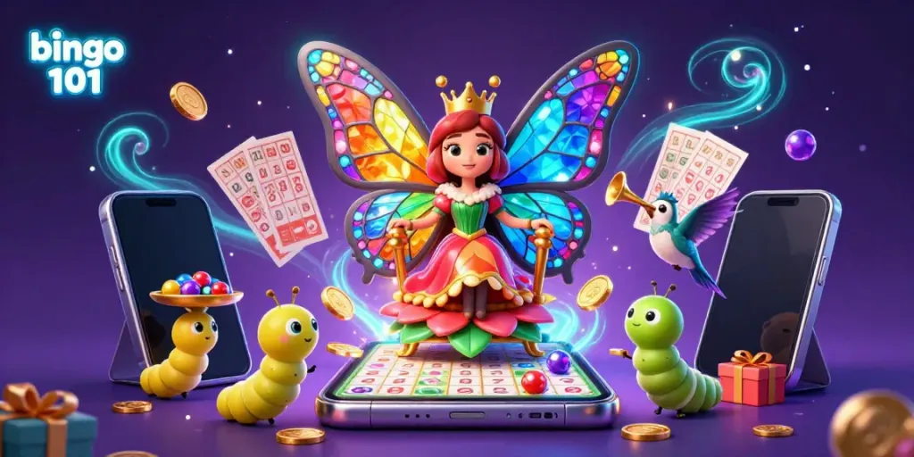 Menggoda pemain dalam permainan bingo 101 dengan ilustrasi 3D berwarna cerah, menggambarkan ratu kupu-kupu di takhta.
