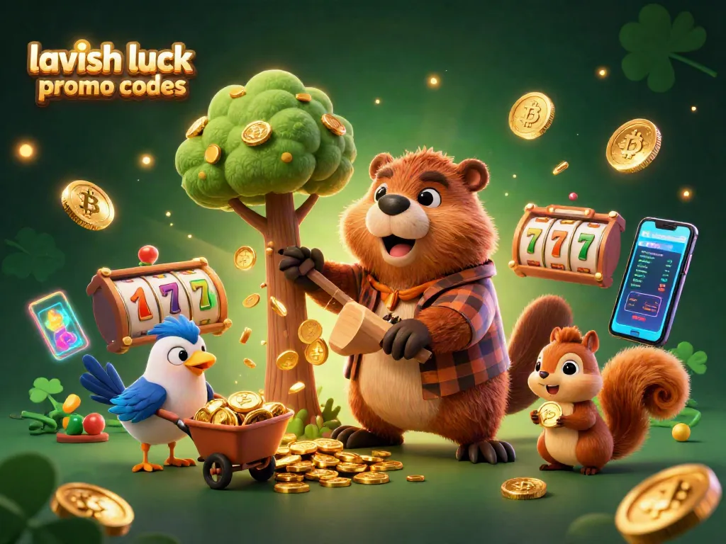 Experience Lavish Luck promo codes with gold coins pouring as the beaver chops a winning tree in this vibrant scene.
