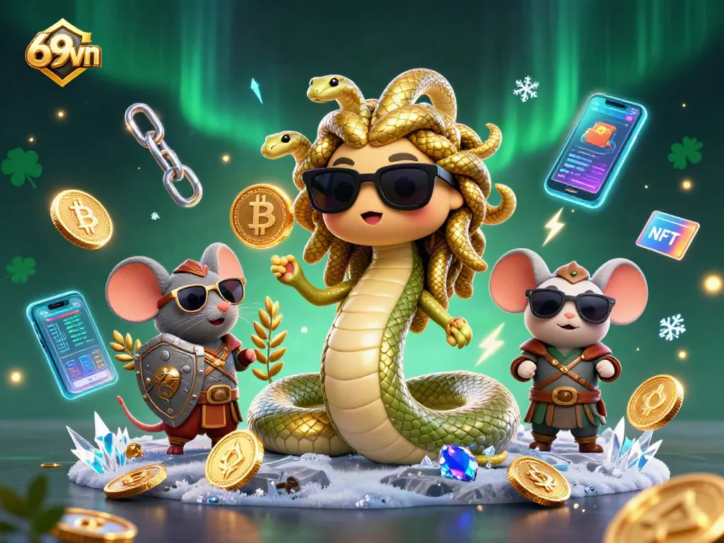 Win big at 69vn with Medusa and a brave mouse celebrating around glowing coins and blockchain elements.