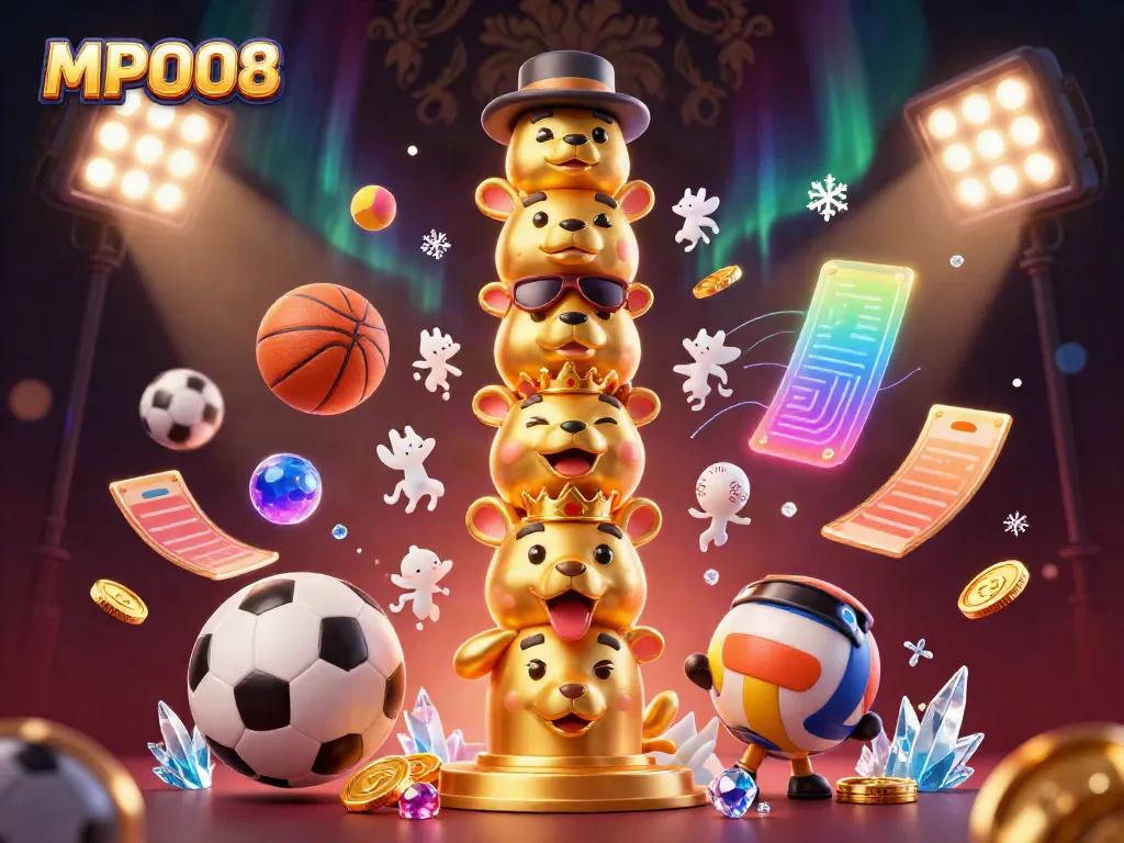 Engage with MPO08's vibrant slot gaming experience in this lively 3D illustration packed with casino elements.