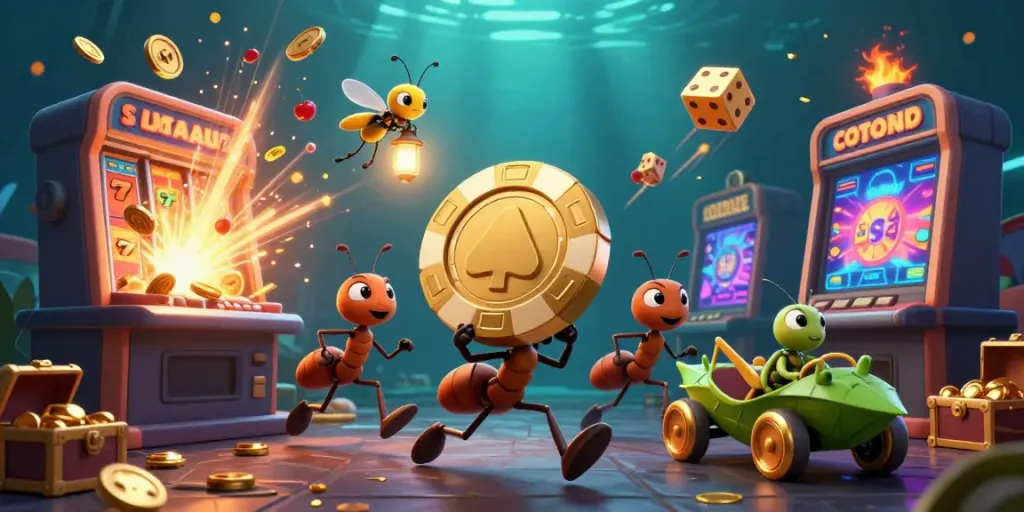 Ant tim 3D dalam heist membawa chip poker emas besar sambil dikelilingi kasino gabungan di game RPG Android.