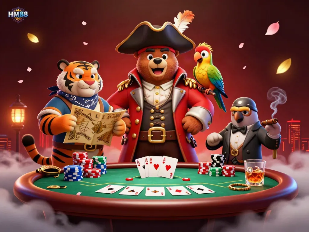 Experience the thrilling gaming world of HM88 with characters enjoying a vibrant poker scene.