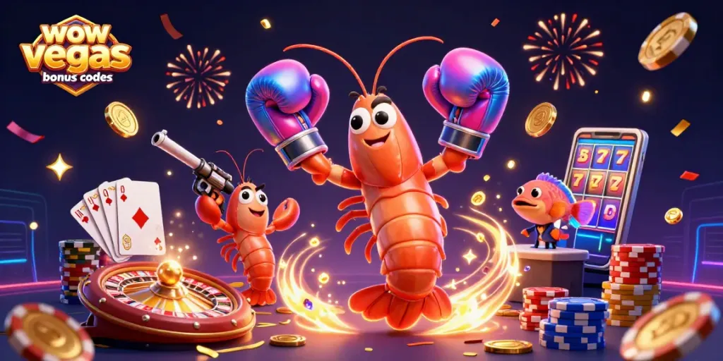 Spin to win with WOW Vegas bonus codes in an action-packed casino illustration.