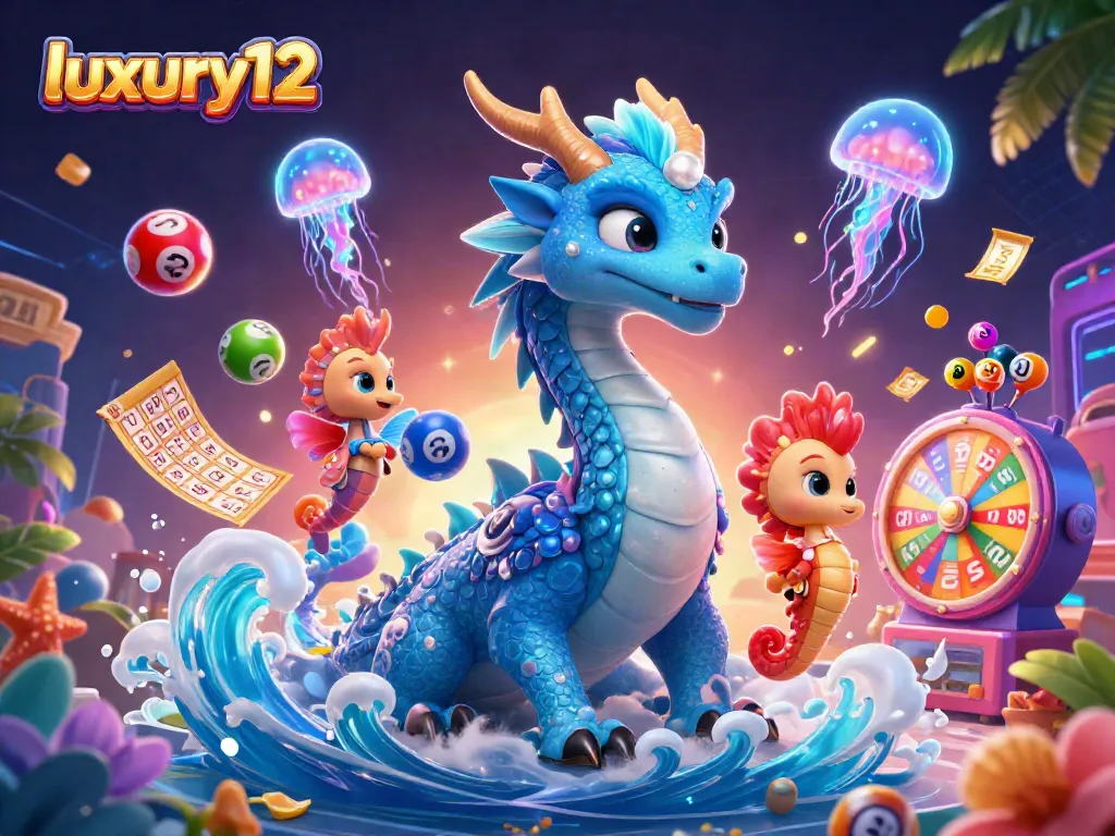 Permainan lotere menarik bersama luxury12 dengan karakter naga air dan ksatria kuda laut dalam ilustrasi 3D.