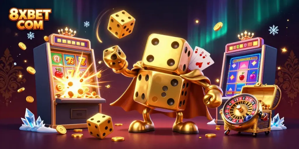 Engage with 8XBET COM's vibrant casino world featuring golden dice, slot machines, and a roulette companion.