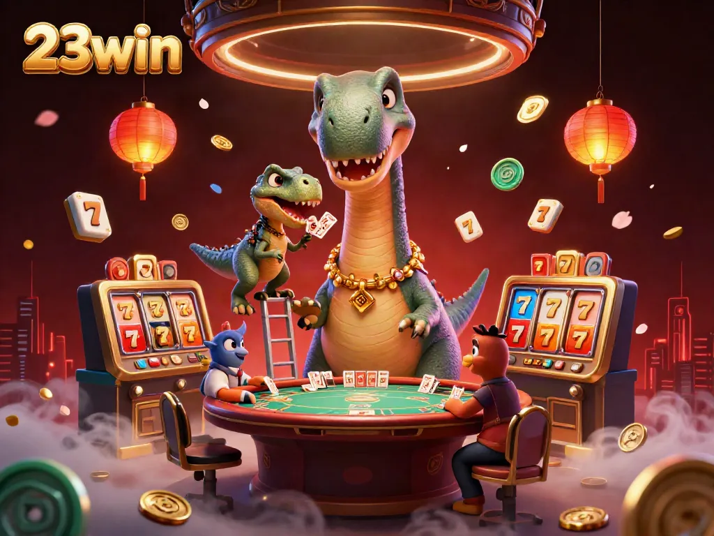 Experience thrilling gameplay with 23win as the brontosaurus towers over a vibrant casino scene.