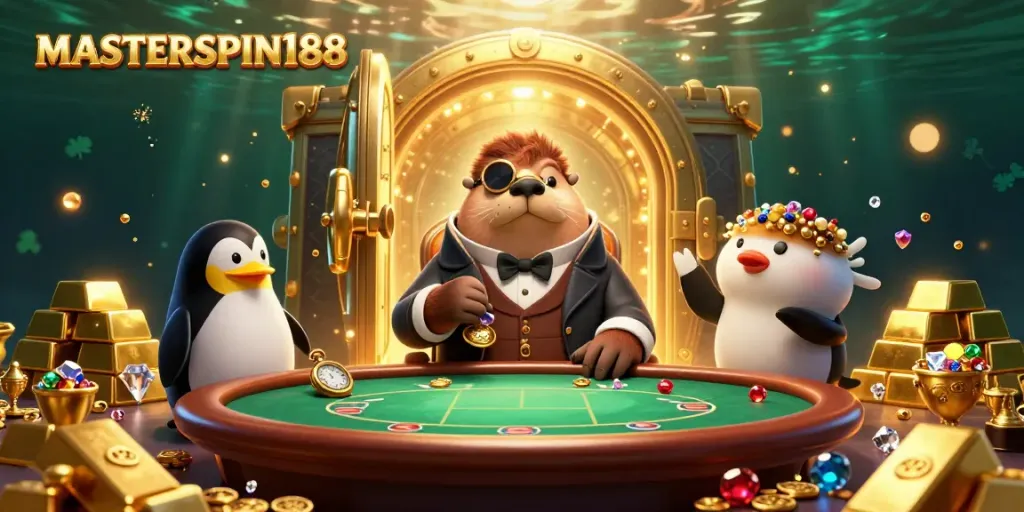Play at MASTERSPIN188 as a jolly walrus enjoys poker in a vibrant underwater scene.