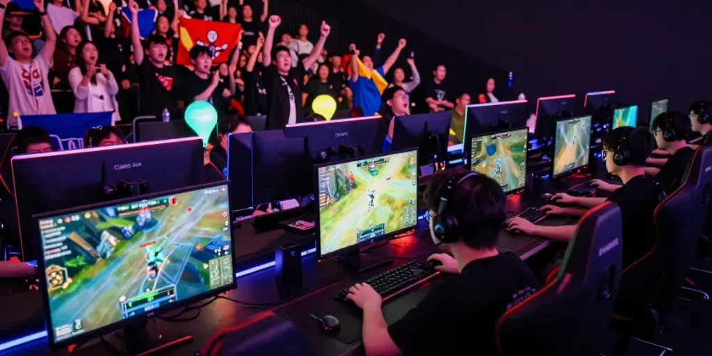 Esports arena featuring juraganbola gaming competition, players engaged in intense battle with colorful screens.