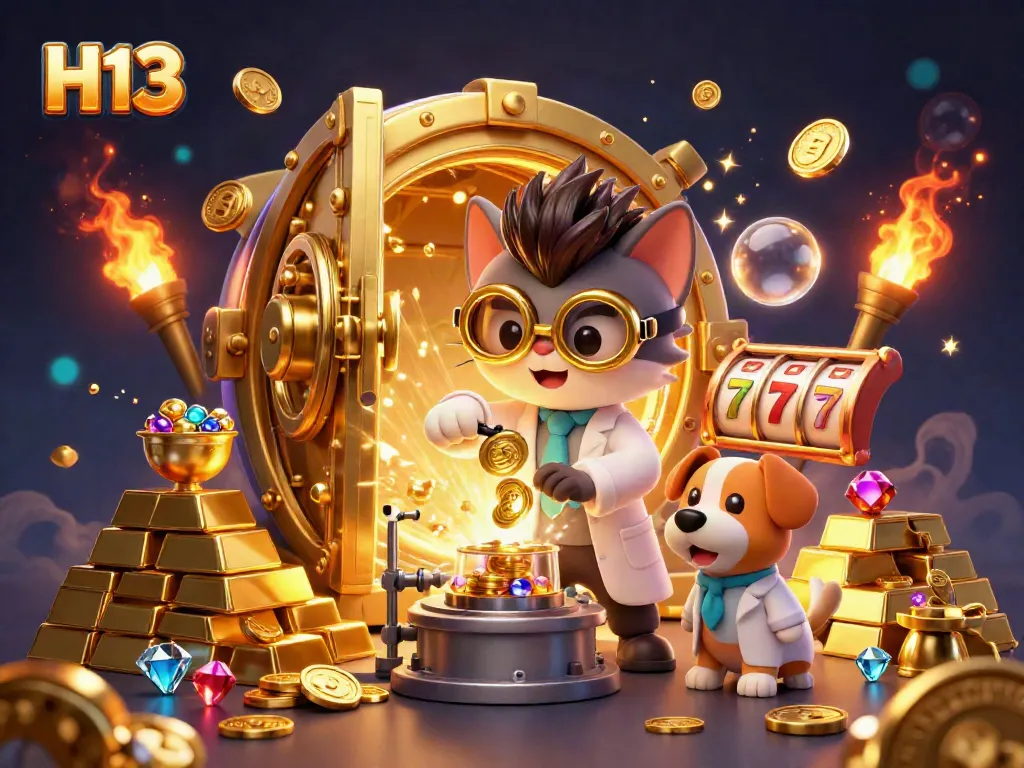 Engage in exciting gambling adventures with H13, a thrilling scene of a cat scientist and a dog in a casino