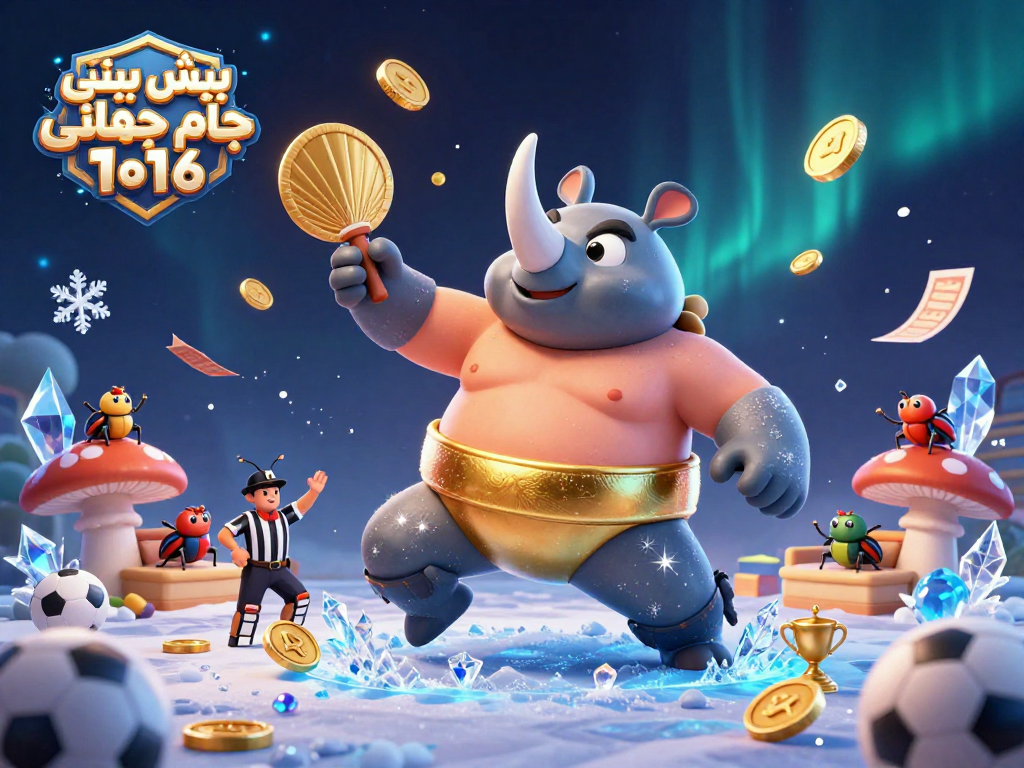 Engage in برنامه پیش بینی جام جهانی ۲۰۲۶ with dynamic sports betting elements and a lively cartoon illustration.