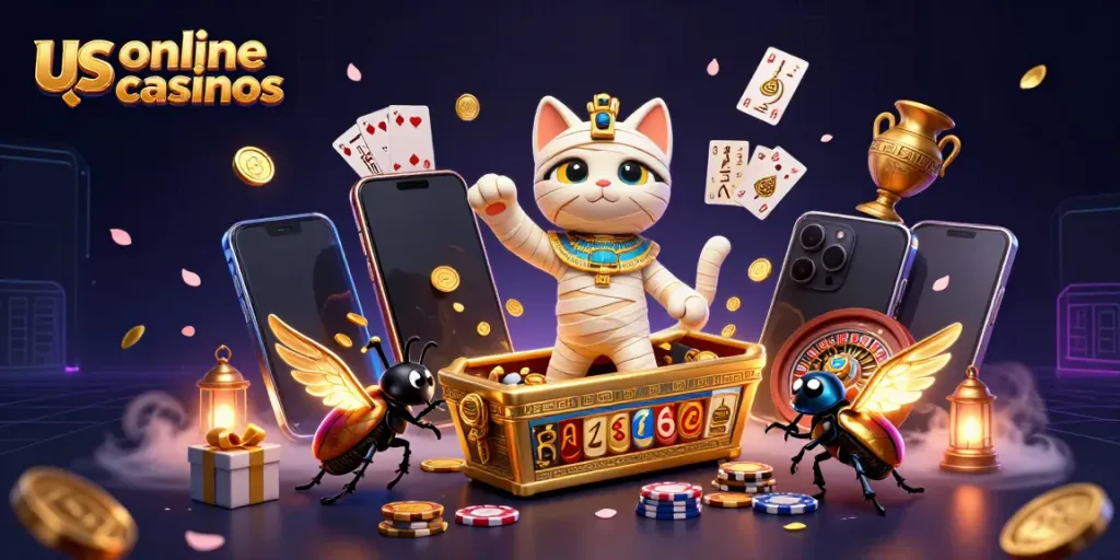 Dynamic 3D scene featuring us online casinos with mummy cat, scarab, and casino games.