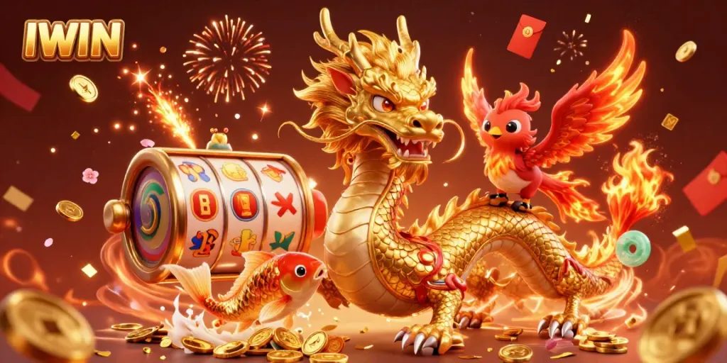 IWIN showcases a powerful golden dragon soaring through a vibrant casino scene with slot reels, coins, and festive elements.