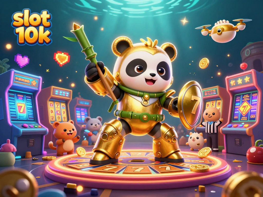 Engage in slot 10k excitement with vivid 3D illustration of a golden panda and arcade elements.