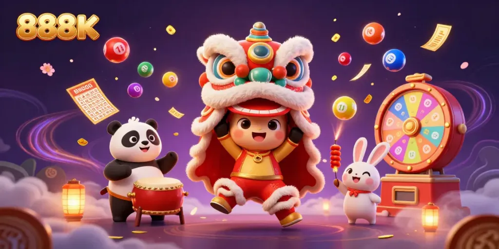 Experience the vibrant excitement of 888K gaming with colorful lottery elements and festive characters.