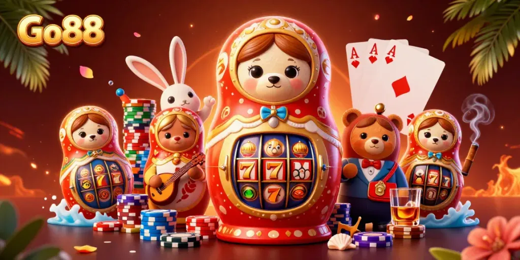 Experience Go88's entertainment with a vibrant 3D illustration showcasing lively casino elements and characters.