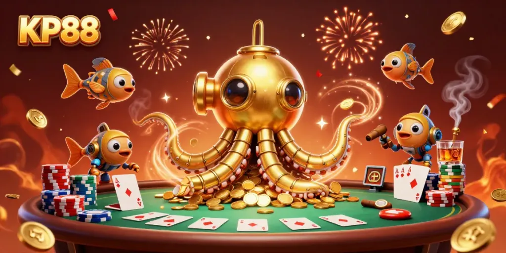Experience exhilarating gaming at KP88 with a golden kraken submarine amidst poker excitement.