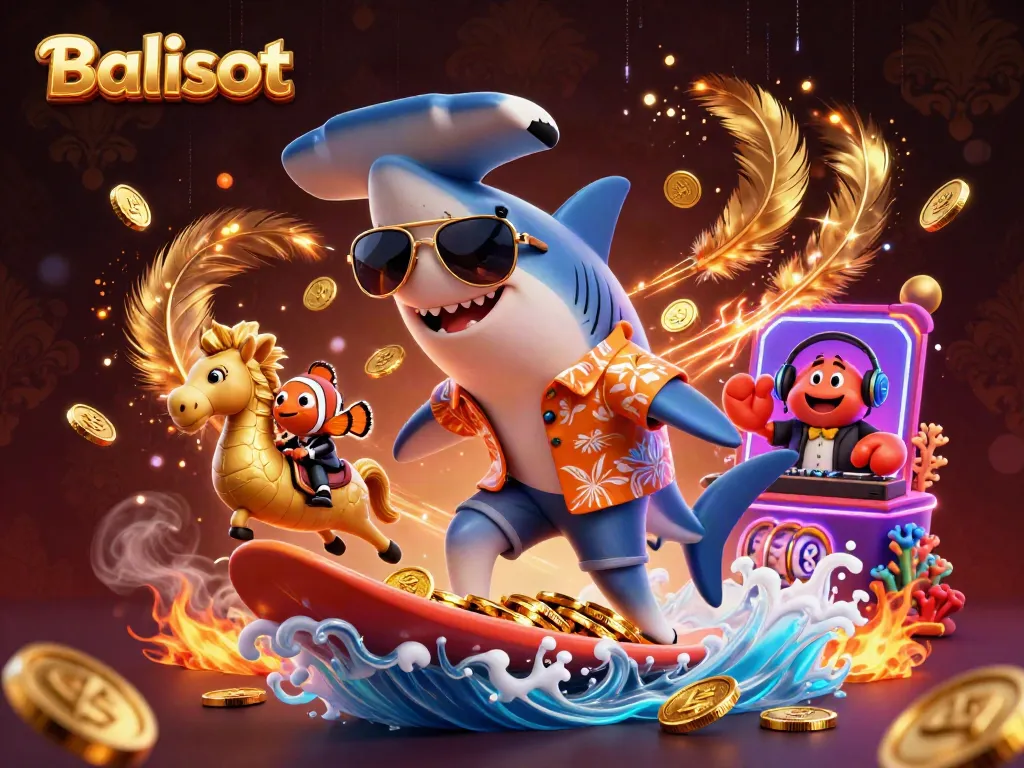 Balislot's immersive casino scene showcasing a shark surfing gold coins with supporting sea creatures and slot elements