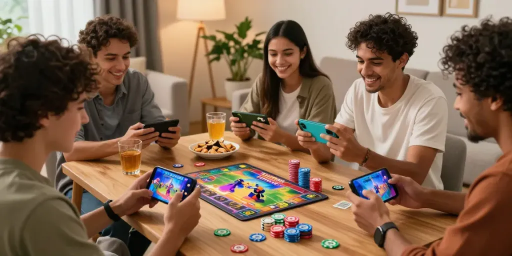 Friends enjoying 3 Patti No1 mobile gaming experience with real money rewards in a cozy setting.