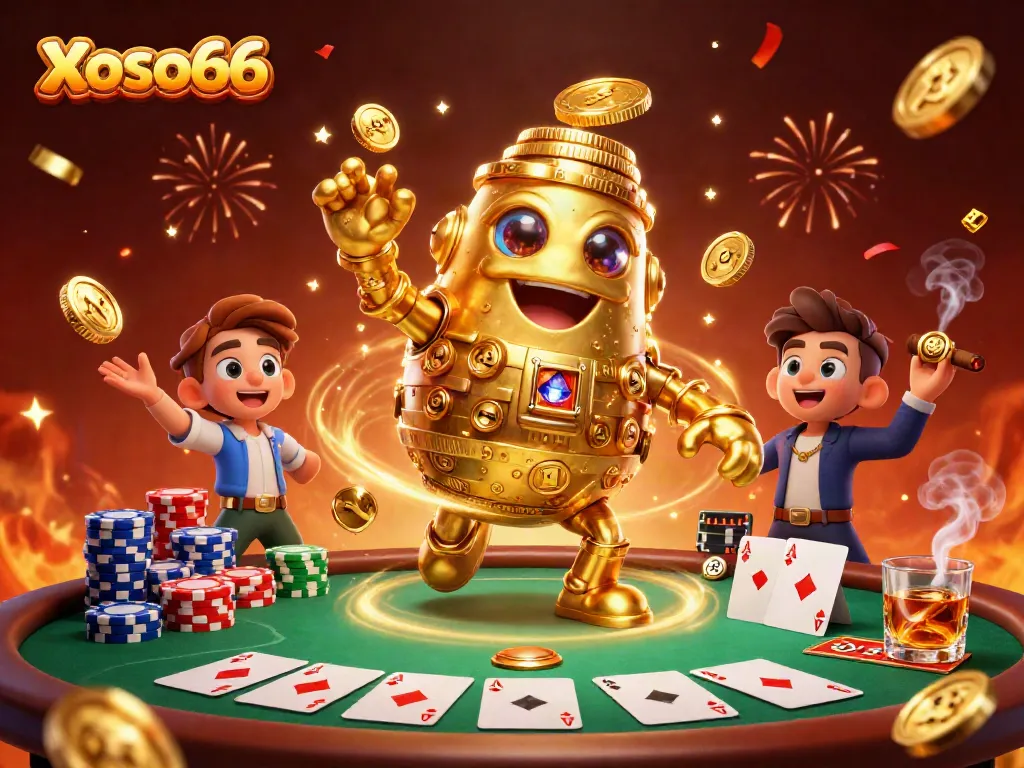 Engage in thrilling Xoso66 gaming with a dynamic scene showcasing a golden golem and poker elements.