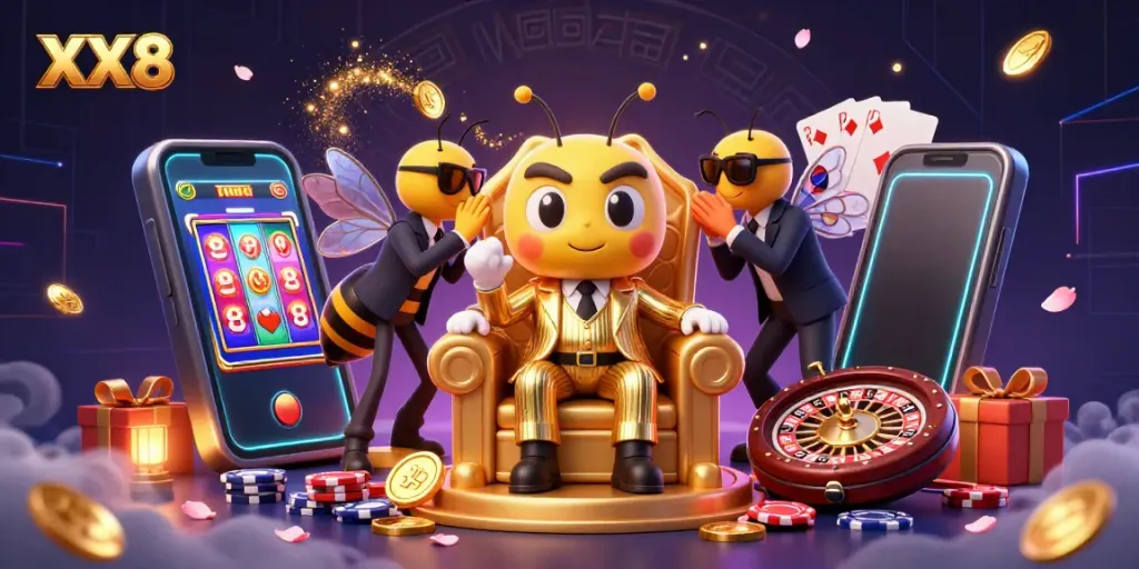 Experience the thrilling world of XX8 with dynamic casino elements in a vivid 3D scene featuring animated characters.