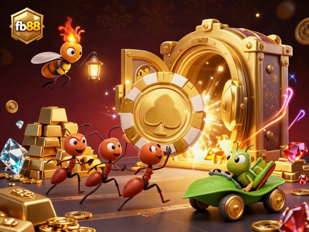 Experience the excitement of fb88 with playful ants heisting a giant poker chip, surrounded by sparkling treasures and vibrant lights.