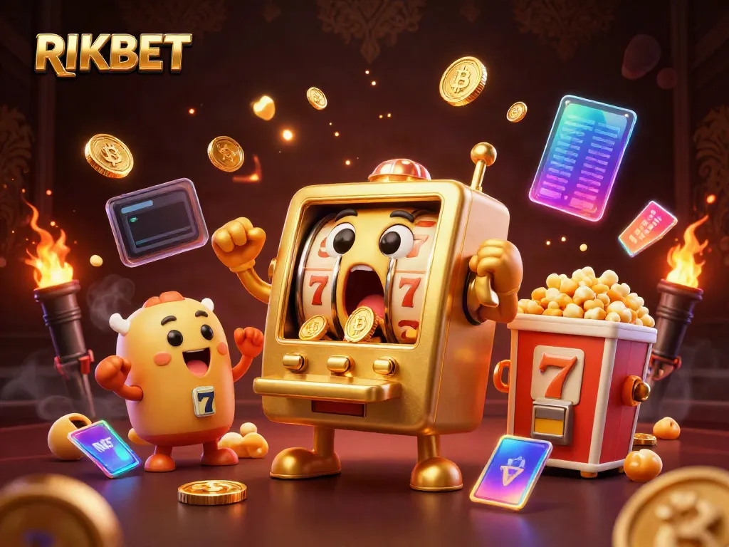 Experience RIKBET's thrilling slot action with a lively cartoon scene of a golden slot machine jackpot.