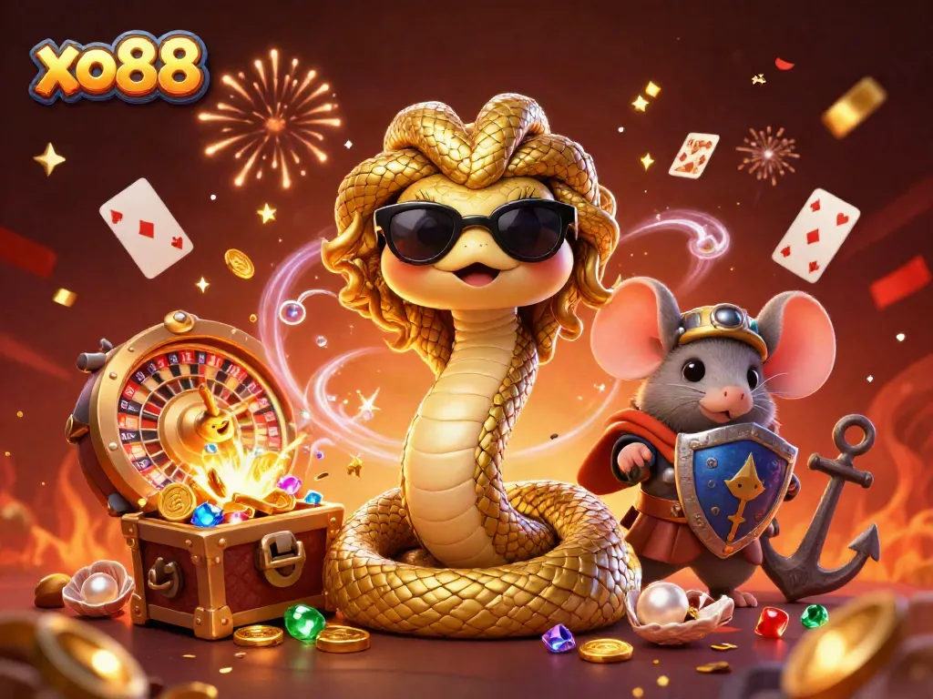 Win big with xo88's exciting casino scene featuring friendly characters, vibrant game elements, and dynamic energy.