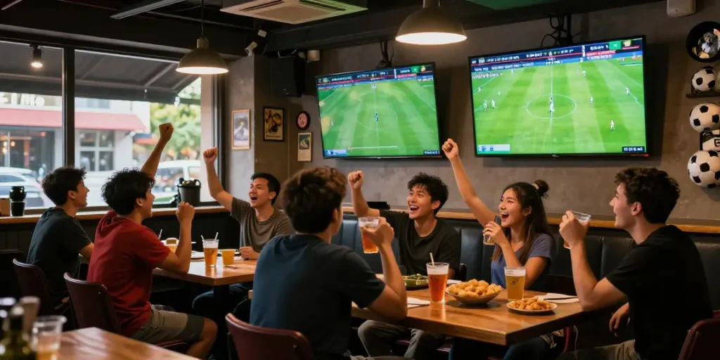 Exciting atmosphere at sports bar during live football matches with scores displayed on screens and fans engaged.
