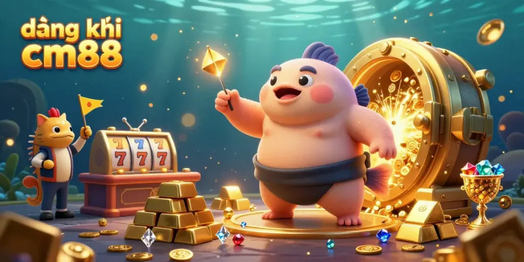 Engage in the exciting world of đăng ký cm88 at the underwater casino featuring vibrant characters and slot elements.