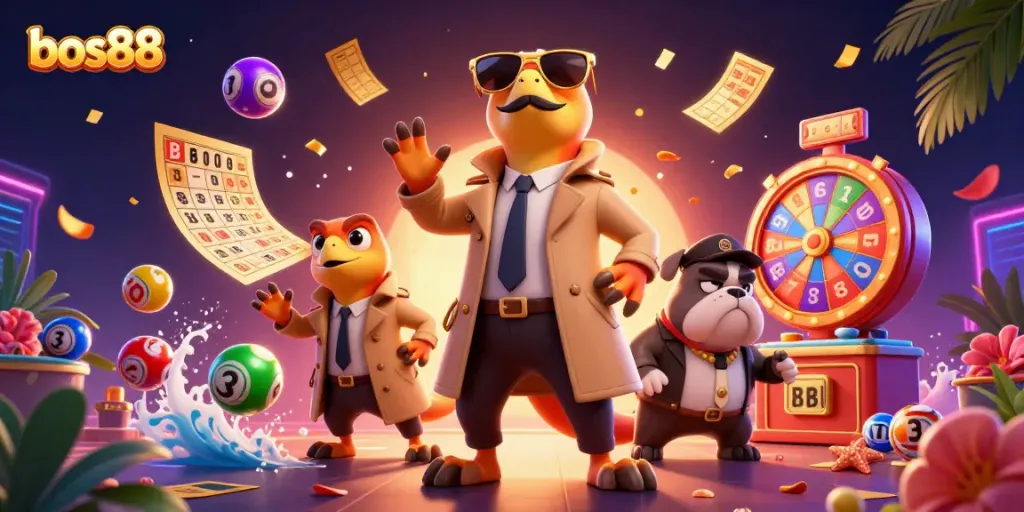 Experience the excitement at bos88 with thrilling lottery games and vibrant prize elements in a dynamic casino illustration.