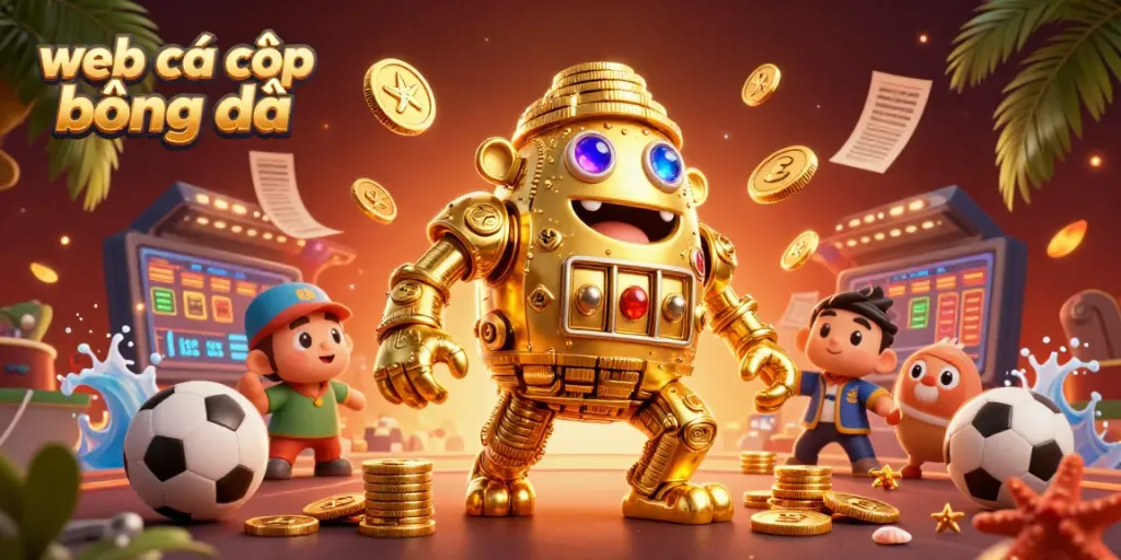 Experience thrilling web cá cược bóng đá in an ultra-detailed 3D illustration showcasing vibrant sports elements and a golden golem.