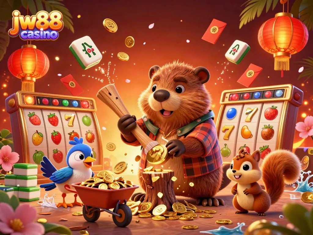 Experience the excitement of jw88 casino with a cartoon scene featuring a beaver, bird, and squirrel celebrating in a colorful jackpot setting.