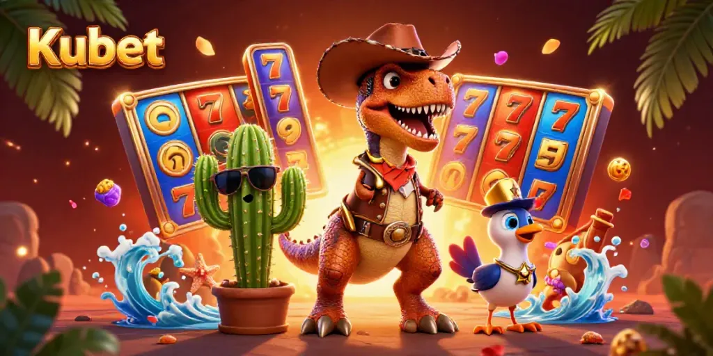 Kubet showcases a lively casino scene with a cowboy dinosaur and friends celebrating a big win with slot machines.