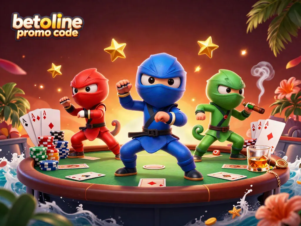 Claim winning bonuses with BetOnline promo code featuring vibrant chameleon ninjas and poker elements.