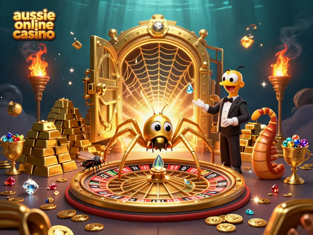 Engaging scene of aussie online casino illustrated with a golden spider, roulette wheel, and a centipede croupier.