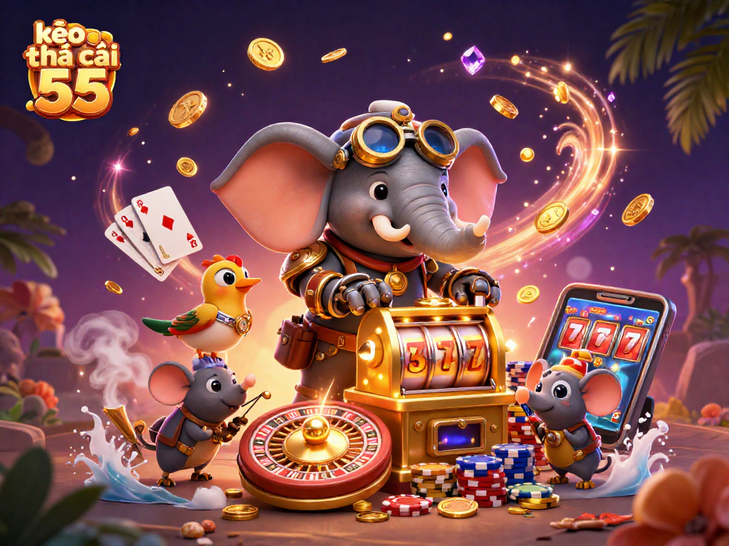 Engage with kèo nhà cái 55 by exploring vibrant casino elements in a dynamic scene.