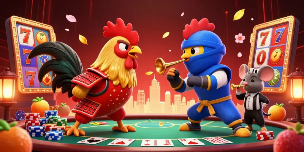 Engage in thrilling action with Slot Gacor depicted through fighting roosters and vibrant casino elements.