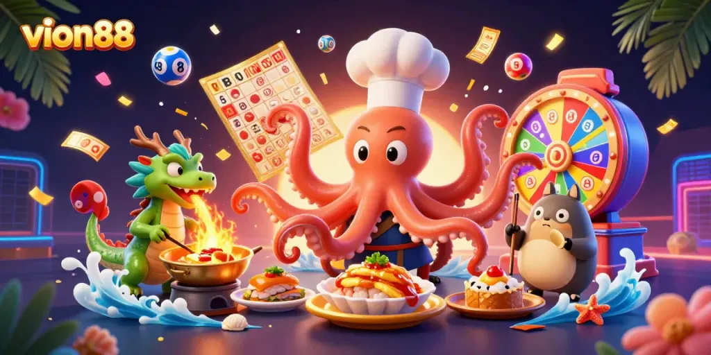 Experience exciting gaming at vion88 with a dynamic scene featuring colorful balls, chefs, and magical creatures.