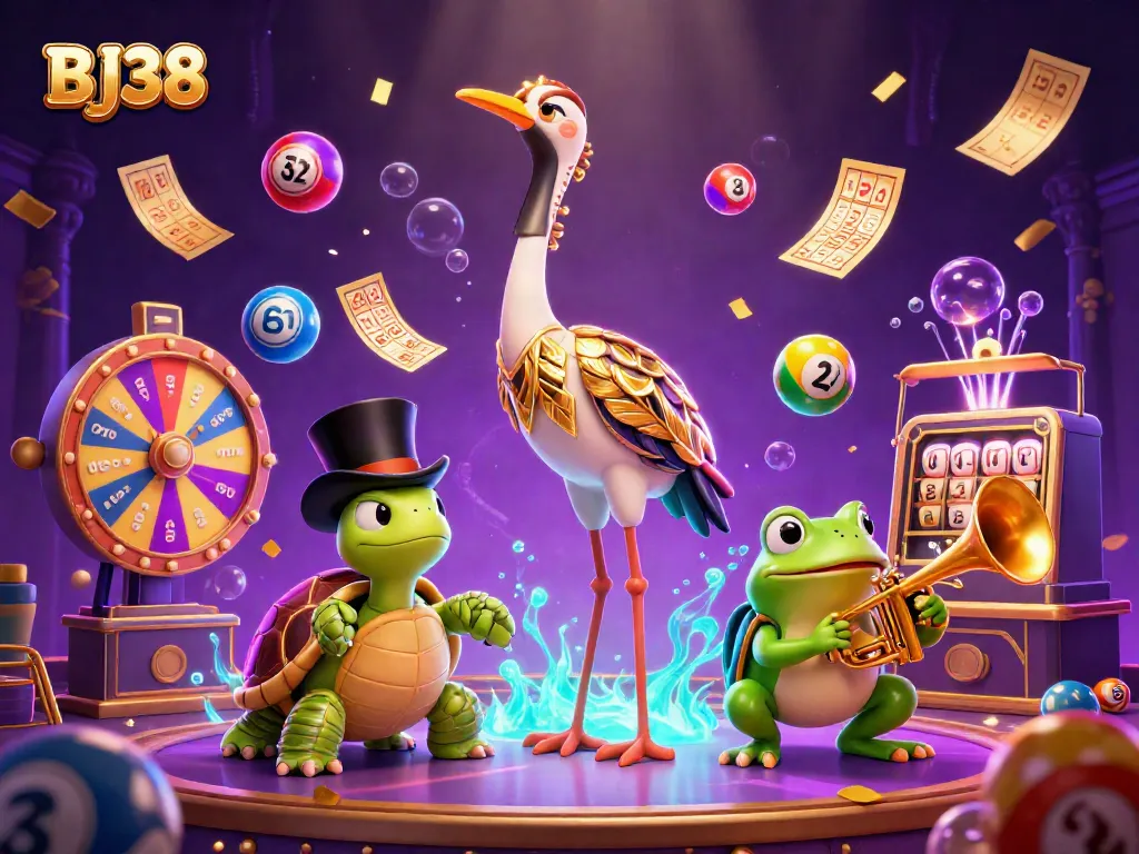 Engage with BJ38's vibrant casino scene featuring whimsical characters and dynamic lottery elements.