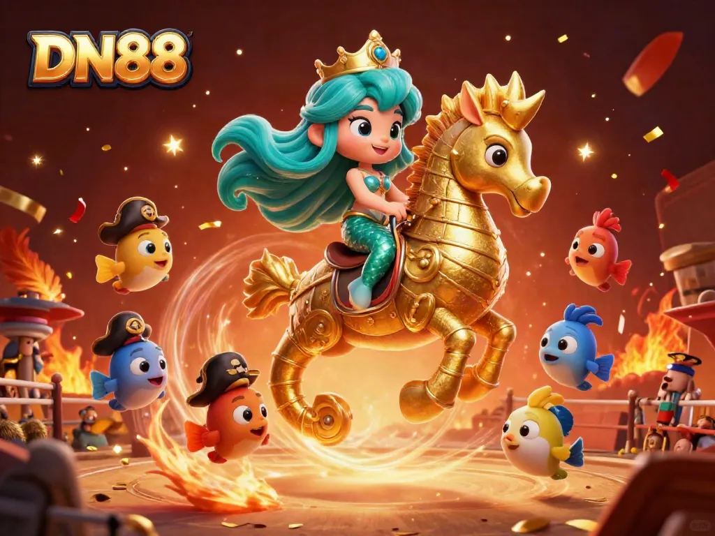 Engage in thrilling cockfighting action with DN88's vibrant characters and dynamic scene.