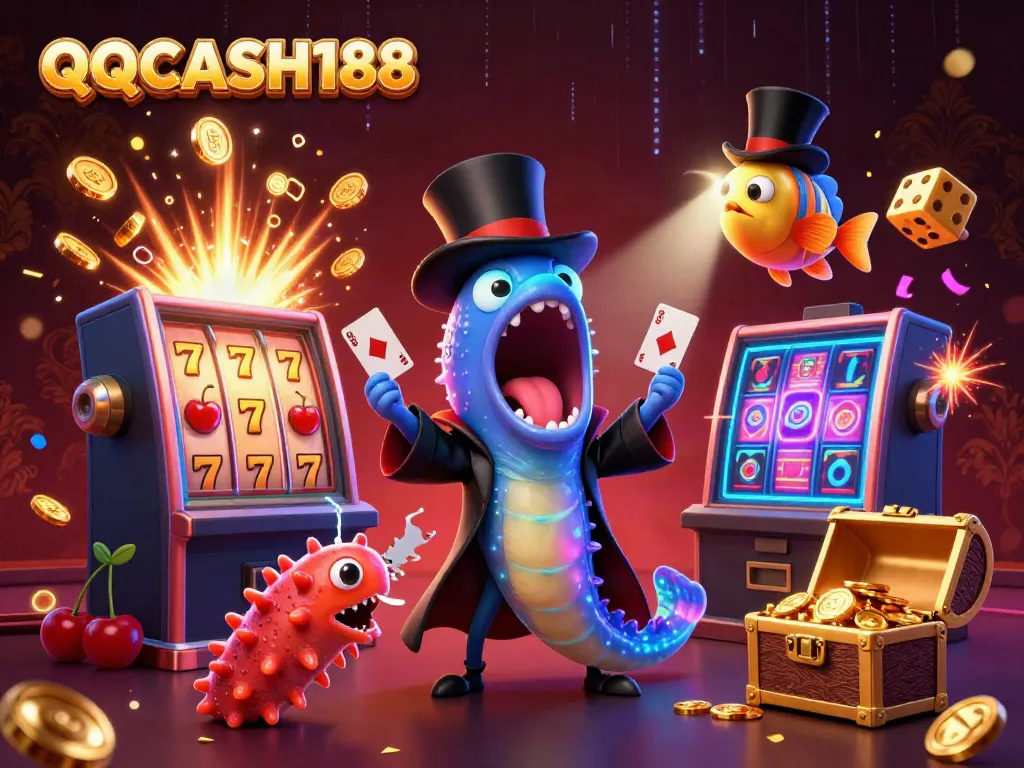Engage in thrilling gameplay at QQCASH188 with a dynamic scene of animated casino elements showcasing rich games.