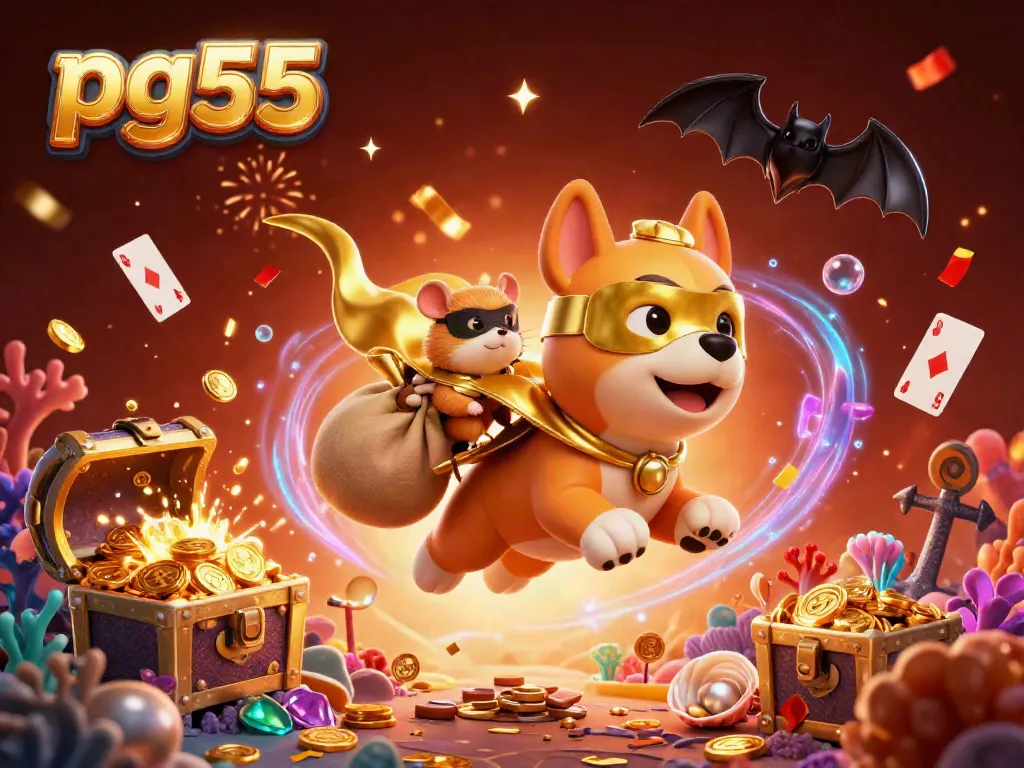 Win big with pg55 in a vibrant casino-themed adventure featuring cartoon characters and sparkling treasures.