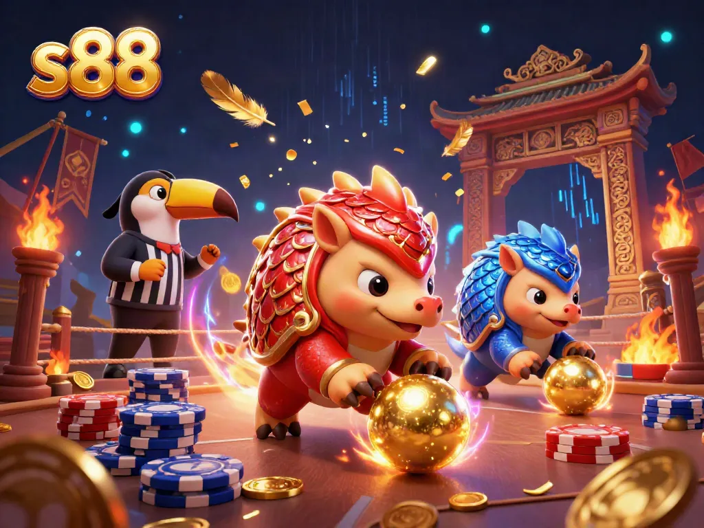 s88 pangolins roll into golden balls amidst poker chips and confetti in a vibrant casino scene