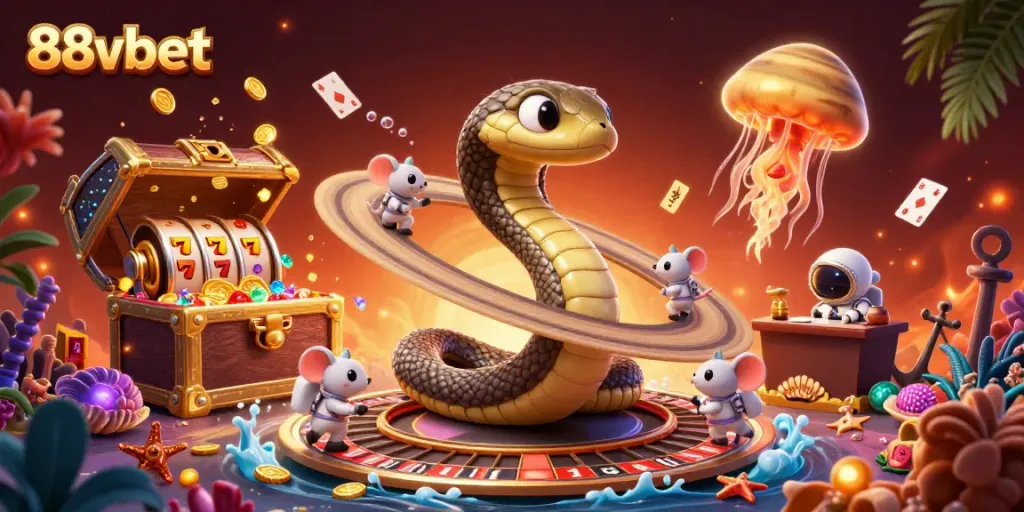 Engaging 3D illustration showcasing 88vbet as a dynamic online casino experience with characters and gaming elements.