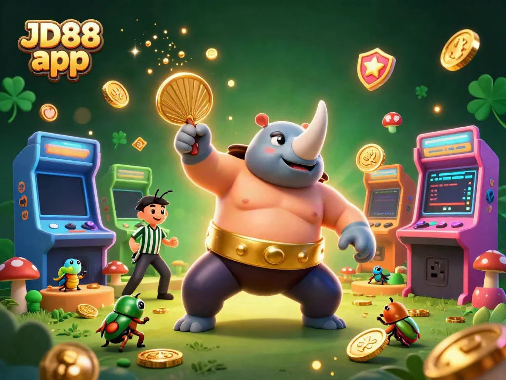 Engage with the thrilling JD88 app as the beetle champion stomps coins in a vibrant casino scene.