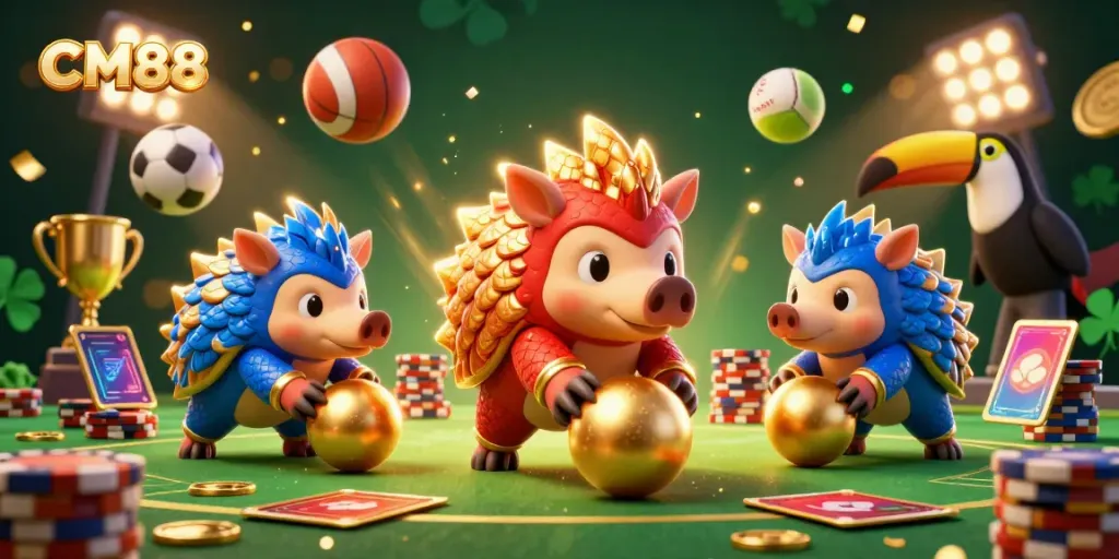 Engage in dynamic games at CM88, featuring colorful pangolins and vibrant casino elements.
