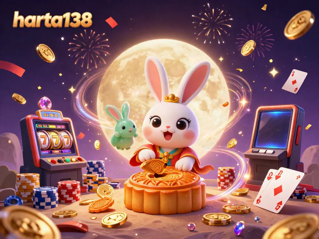 Harta138 menghadirkan ilustrasi kasino dengan kelinci bulan dan simbol slot yang menarik di latar belakang megah.