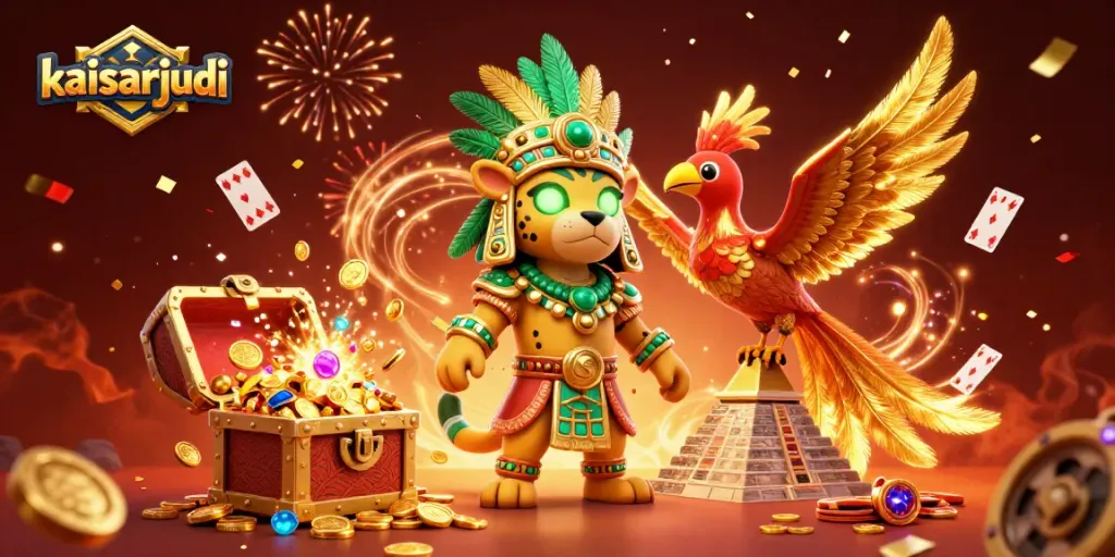 Kaisarjudi showcases a vibrant casino-inspired scene with a Mayan priest and treasures in a dynamic illustration.